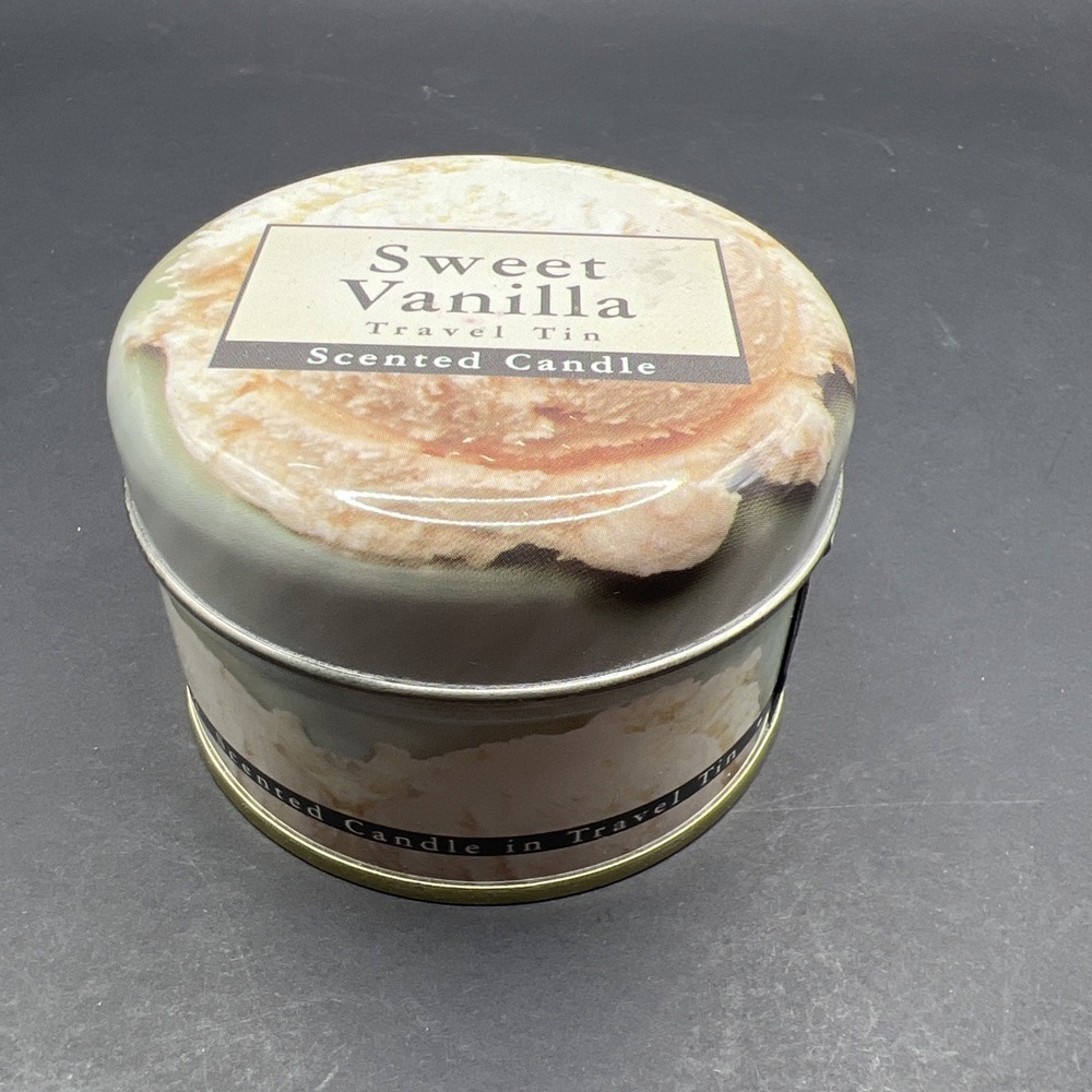NEW! Sweet Vanilla Scented Candle Travel Tin 3" X 2" 100 gms 3.53 oz